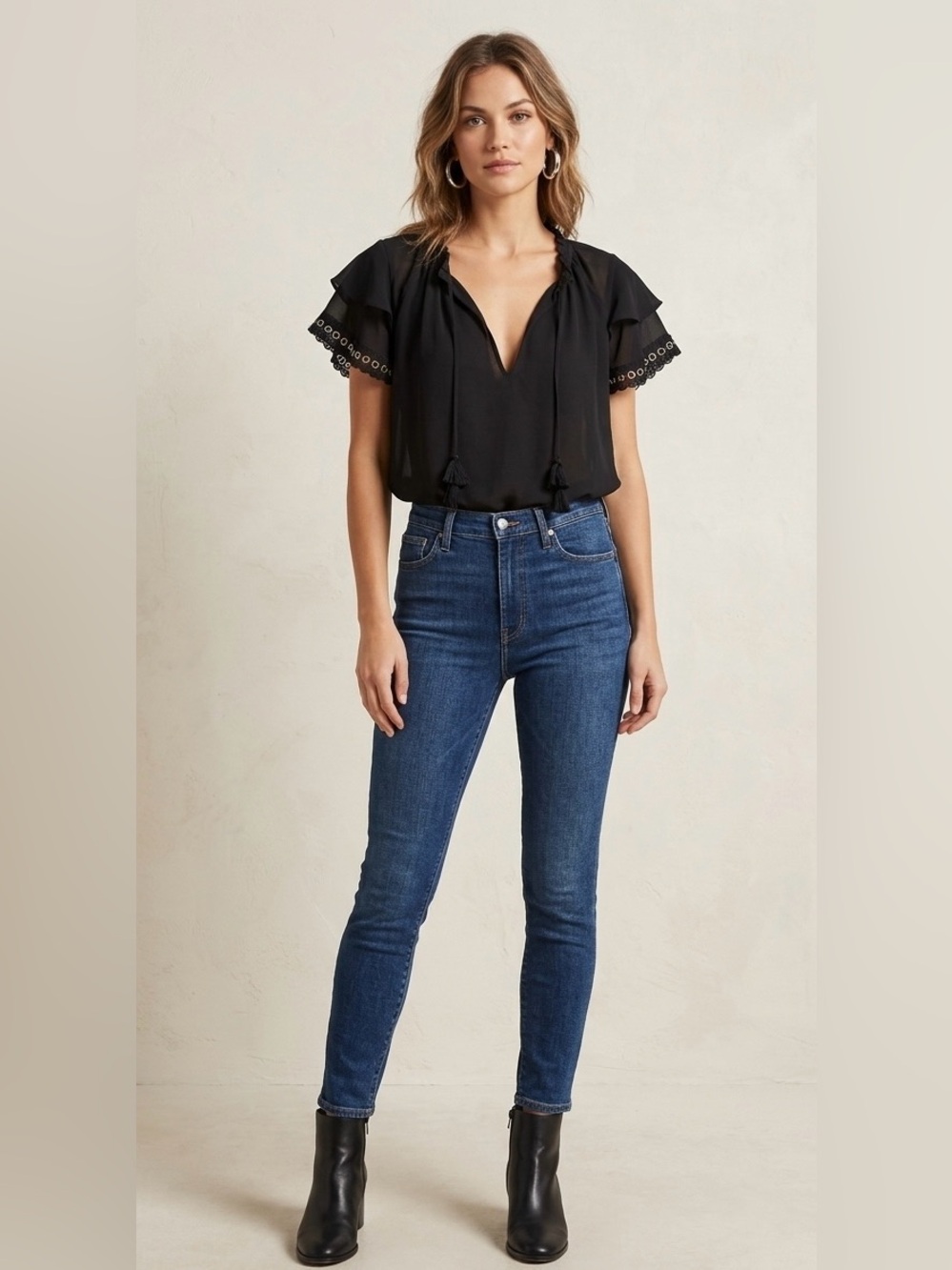 MISA Los Angeles Black Flutter Ruffle Sleeve Grommet Tie Neck Blouse Boho S